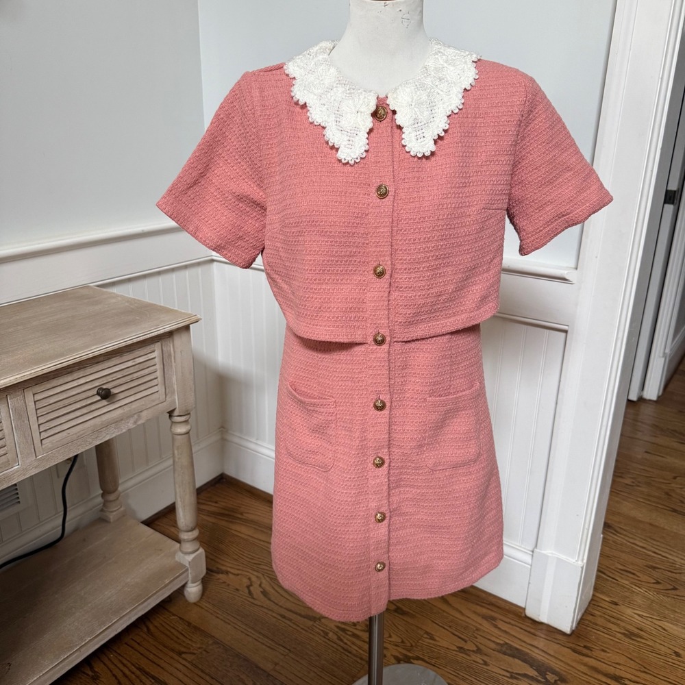 CIDER Pink Textured Tweed Dress Crochet Collar Button Front Mini Skirt Set‎ M